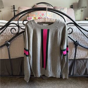 Grey Crewneck Sweater with Pink & Green Stripe